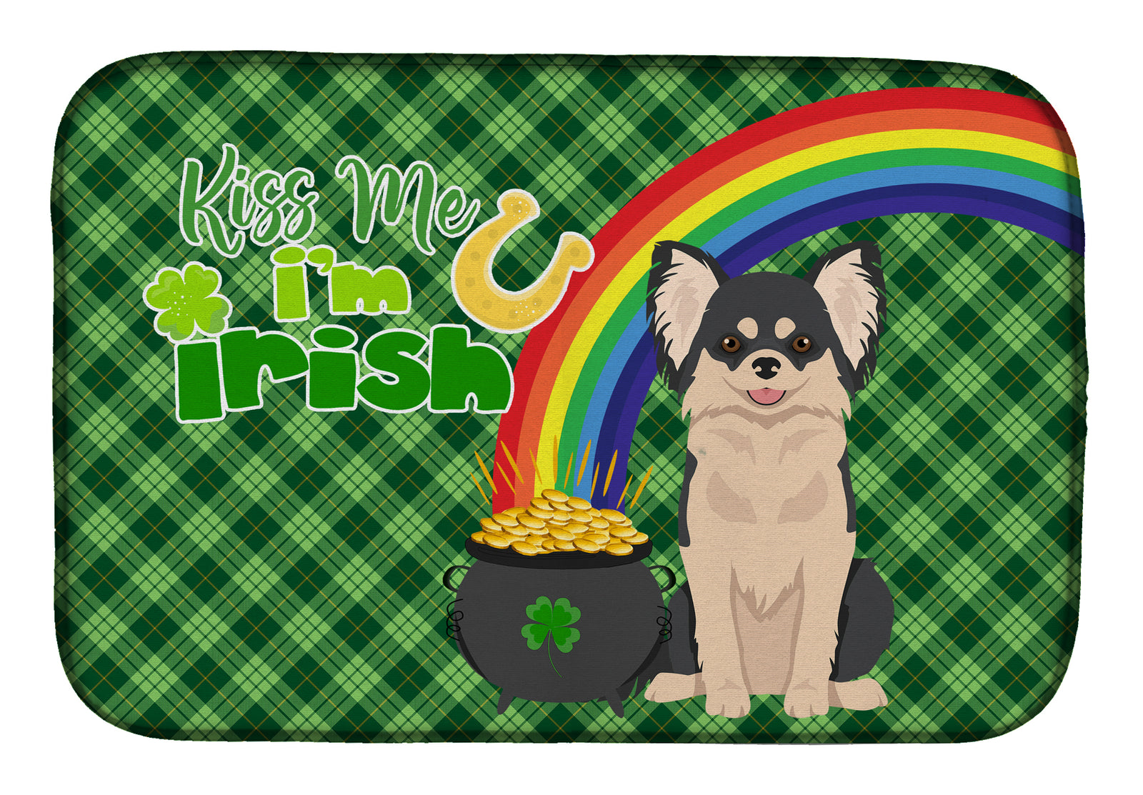 Longhaired Black and White Chihuahua St. Patrick's Day Dish Drying Mat