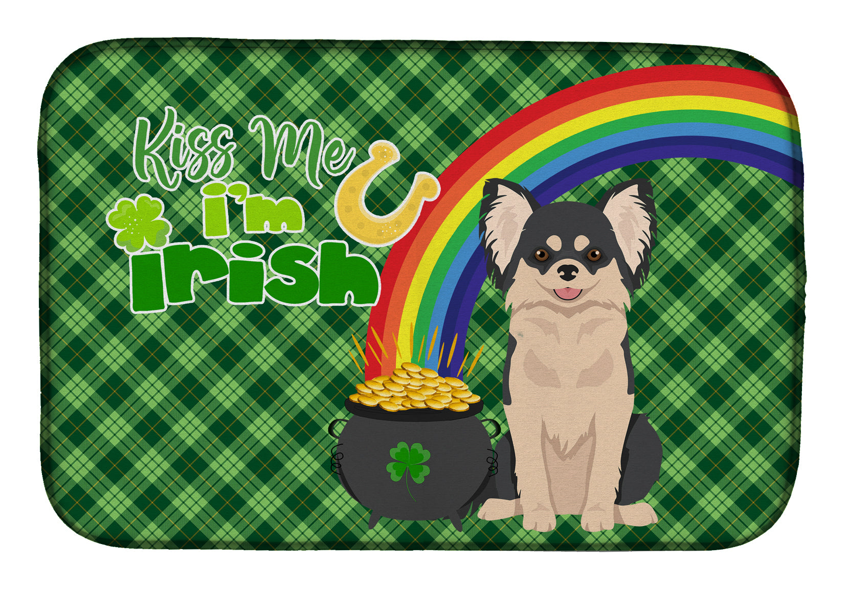 Longhaired Black and White Chihuahua St. Patrick's Day Dish Drying Mat  the-store.com.