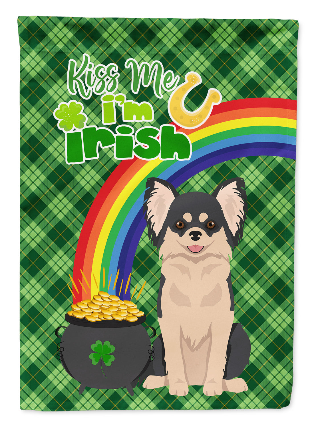 Longhaired Black and White Chihuahua St. Patrick's Day Flag Garden Size