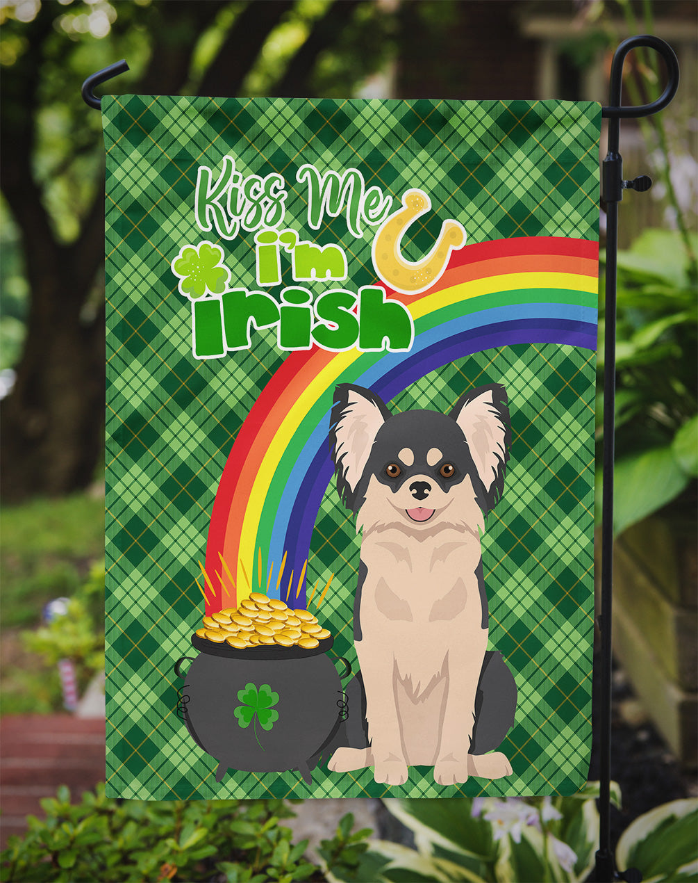 Longhaired Black and White Chihuahua St. Patrick's Day Flag Garden Size  the-store.com.