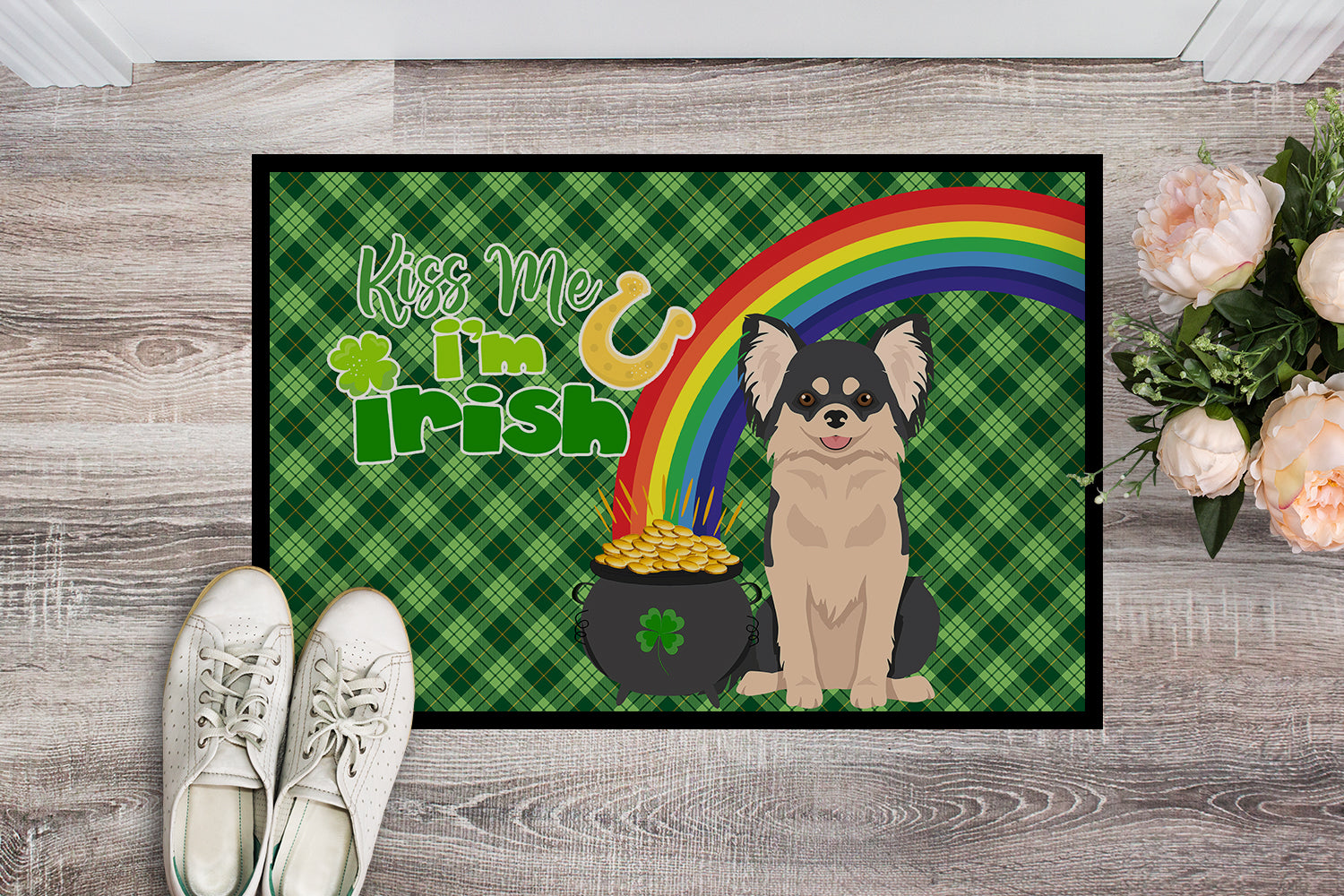 Buy this Longhaired Black and White Chihuahua St. Patrick's Day Indoor or Outdoor Mat 24x36