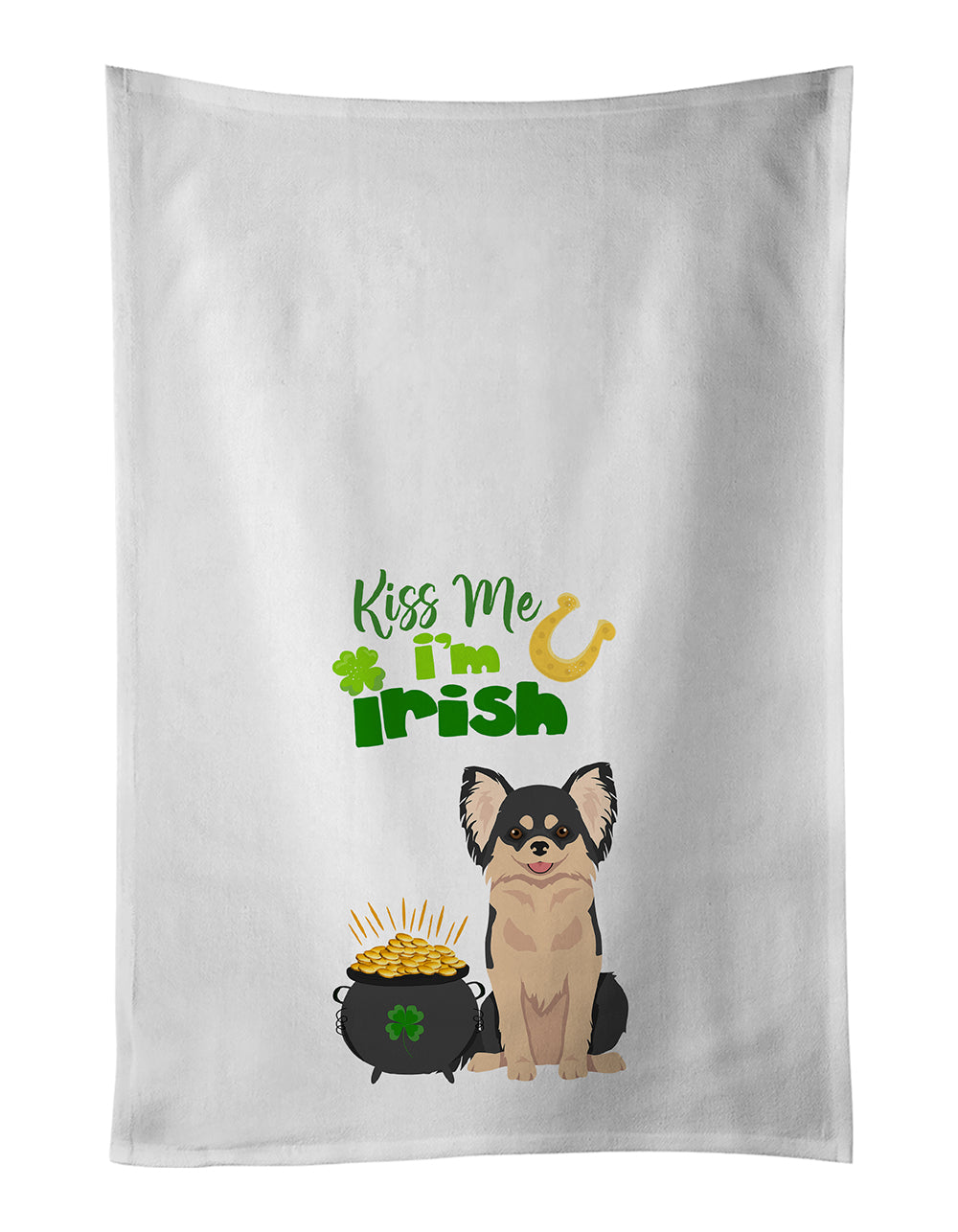 Buy this Longhaired Black and White Chihuahua St. Patrick&#39;s Day White Kitchen Towel Set of 2 Dish Towels