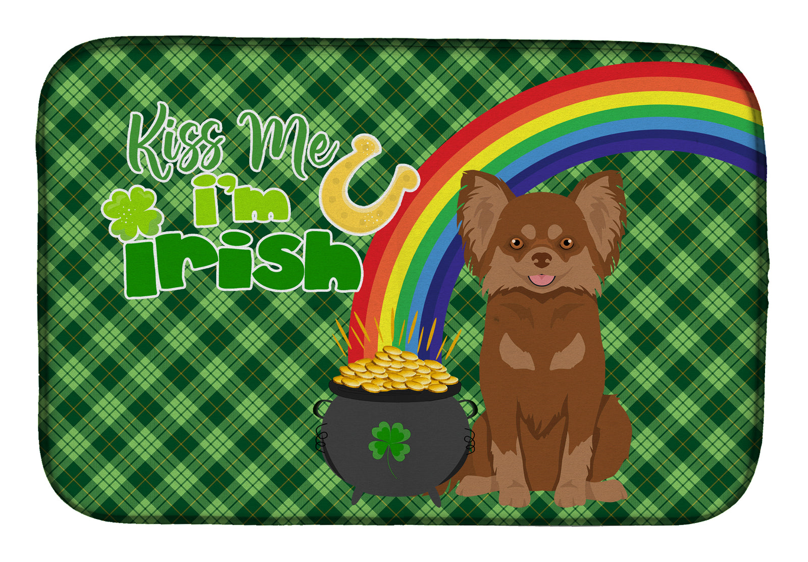 Longhaired Chocolate and Tan Chihuahua St. Patrick's Day Dish Drying Mat