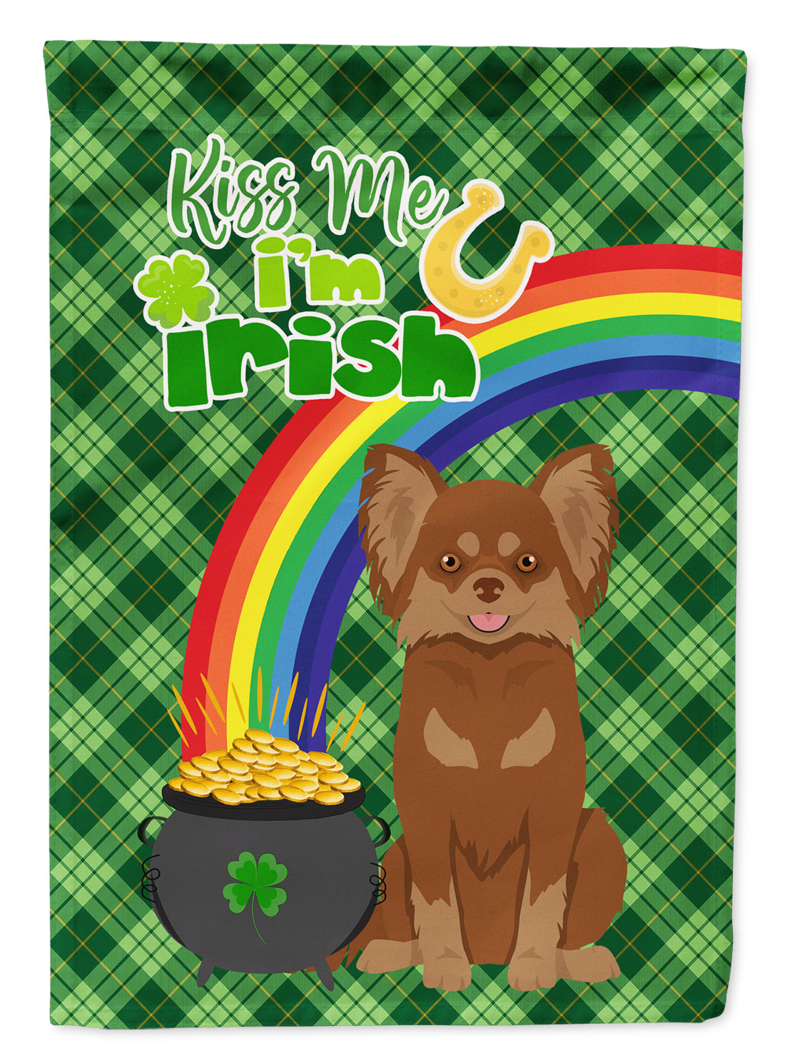 Longhaired Chocolate and Tan Chihuahua St. Patrick's Day Flag Garden Size  the-store.com.