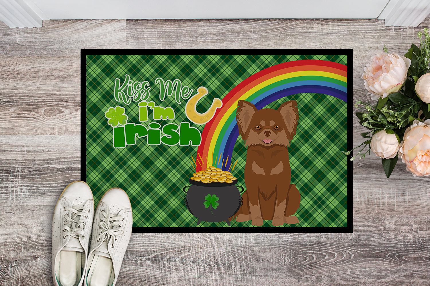 Buy this Longhaired Chocolate and Tan Chihuahua St. Patrick's Day Indoor or Outdoor Mat 24x36