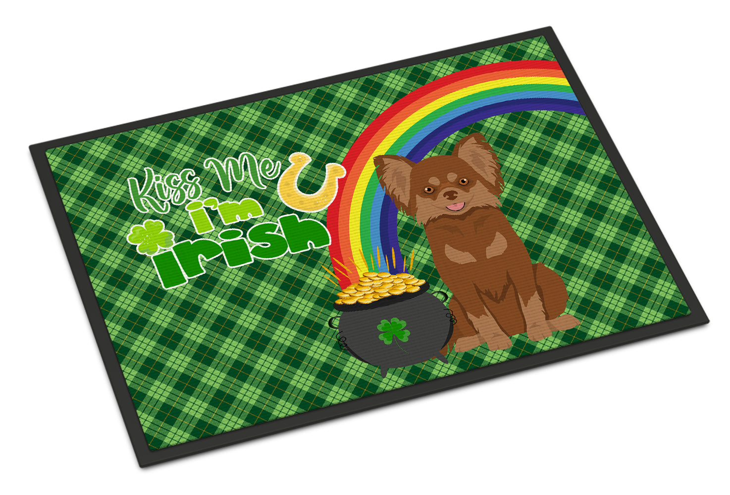 Buy this Longhaired Chocolate and Tan Chihuahua St. Patrick's Day Indoor or Outdoor Mat 24x36