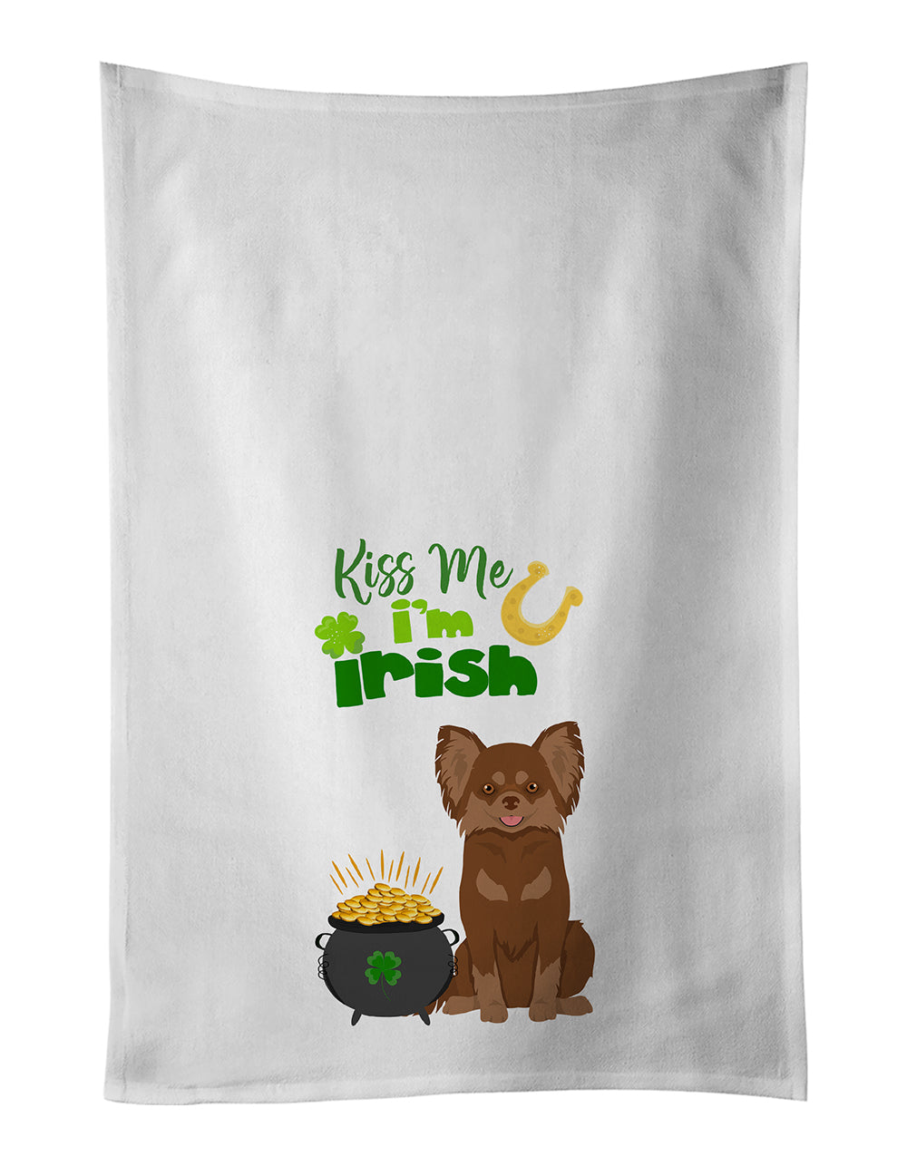 Buy this Longhaired Chocolate and Tan Chihuahua St. Patrick&#39;s Day White Kitchen Towel Set of 2 Dish Towels