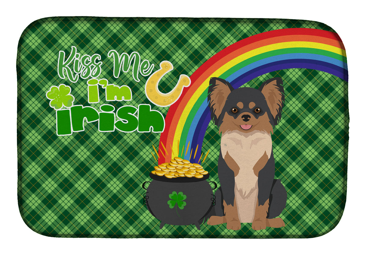 Longhaired Black and Tan Chihuahua St. Patrick&#39;s Day Dish Drying Mat