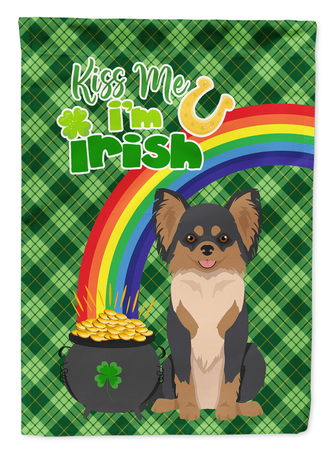 Longhaired Black and Tan Chihuahua St. Patrick's Day Flag Garden Size