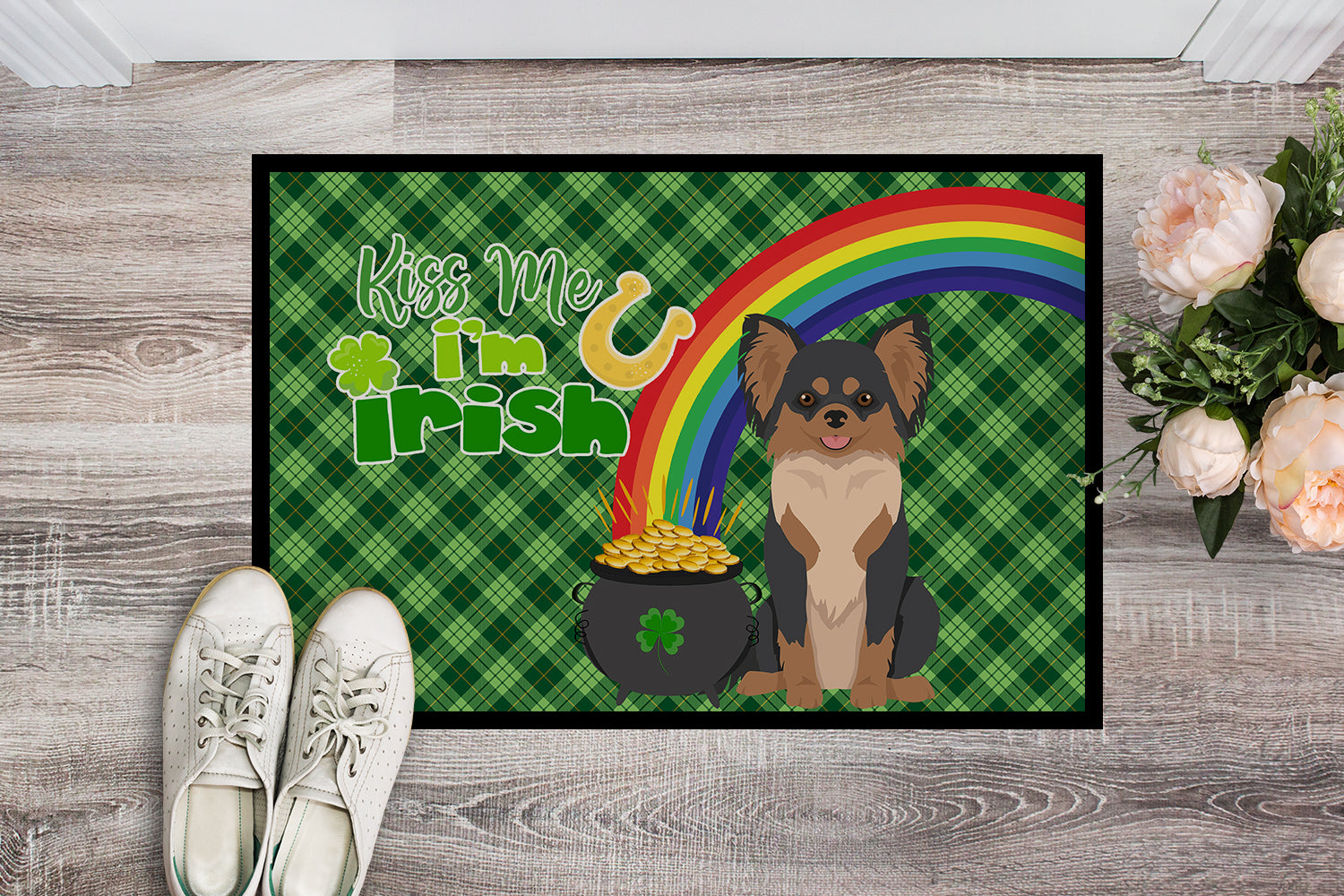Buy this Longhaired Black and Tan Chihuahua St. Patrick's Day Indoor or Outdoor Mat 24x36