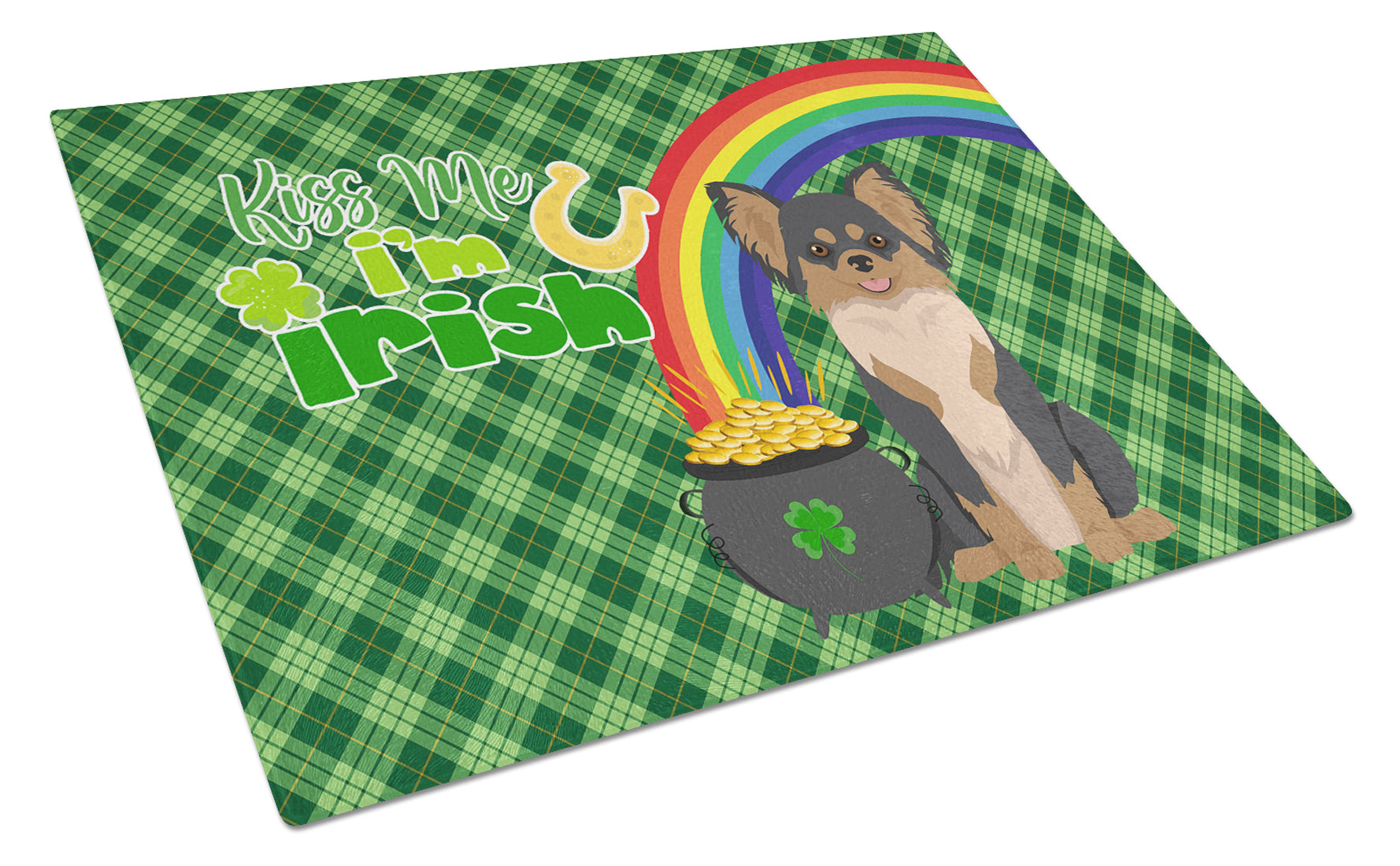 Buy this Longhaired Black and Tan Chihuahua St. Patrick's Day Glass Cutting Board Large