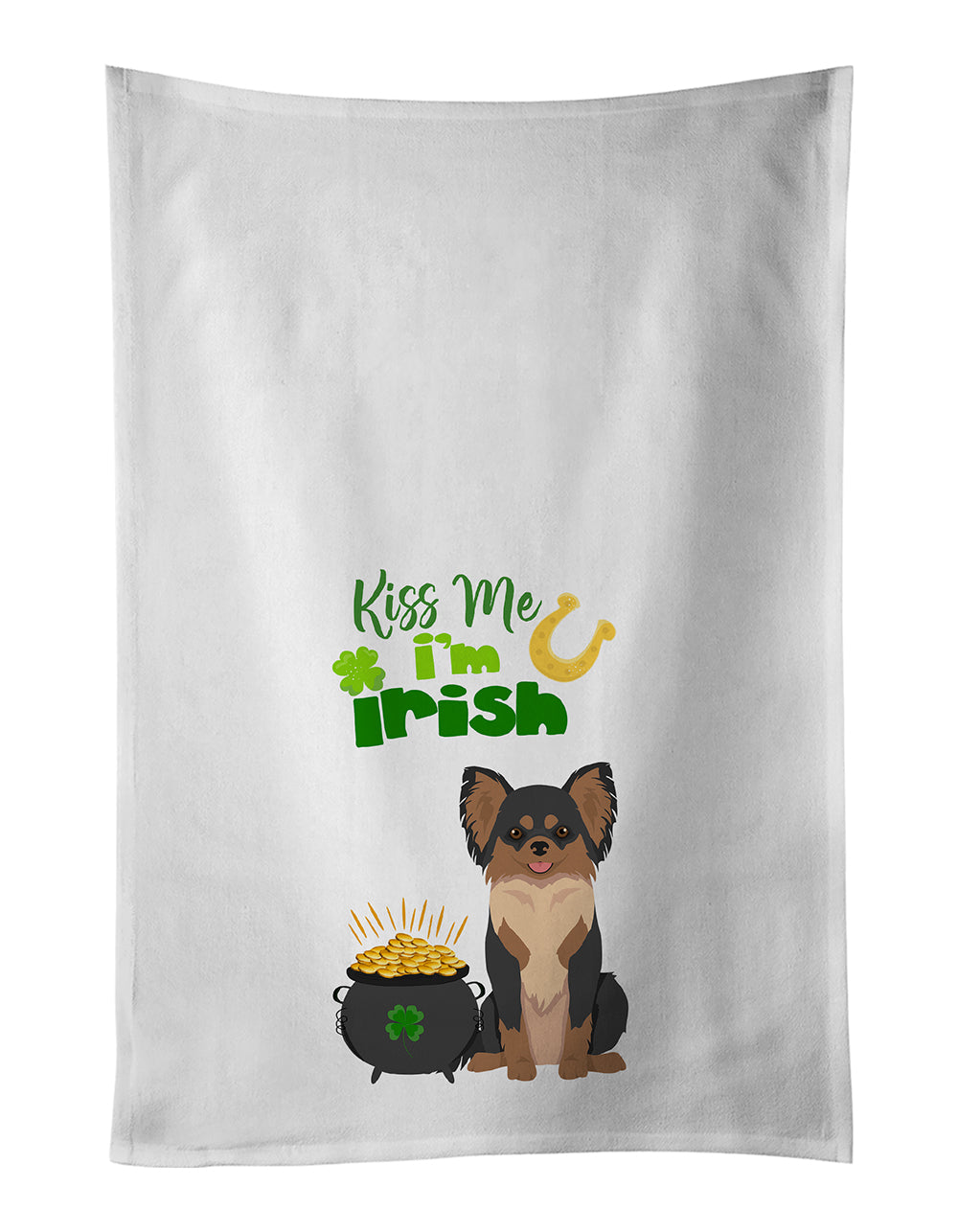 Buy this Longhaired Black and Tan Chihuahua St. Patrick&#39;s Day White Kitchen Towel Set of 2 Dish Towels