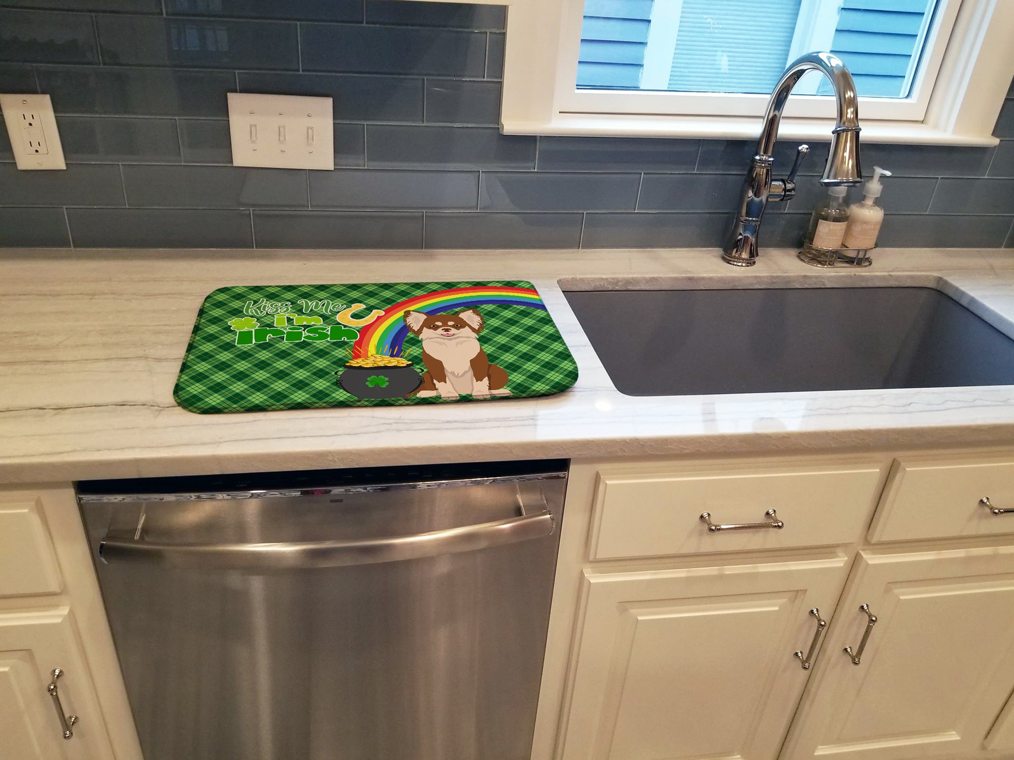 Longhaired Chocolate and White Chihuahua St. Patrick's Day Dish Drying Mat  the-store.com.