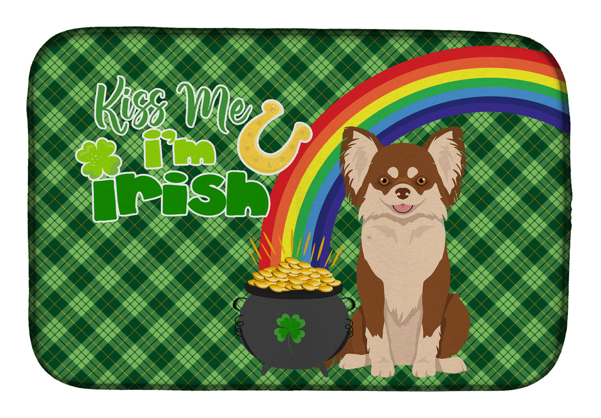 Longhaired Chocolate and White Chihuahua St. Patrick&#39;s Day Dish Drying Mat  the-store.com.