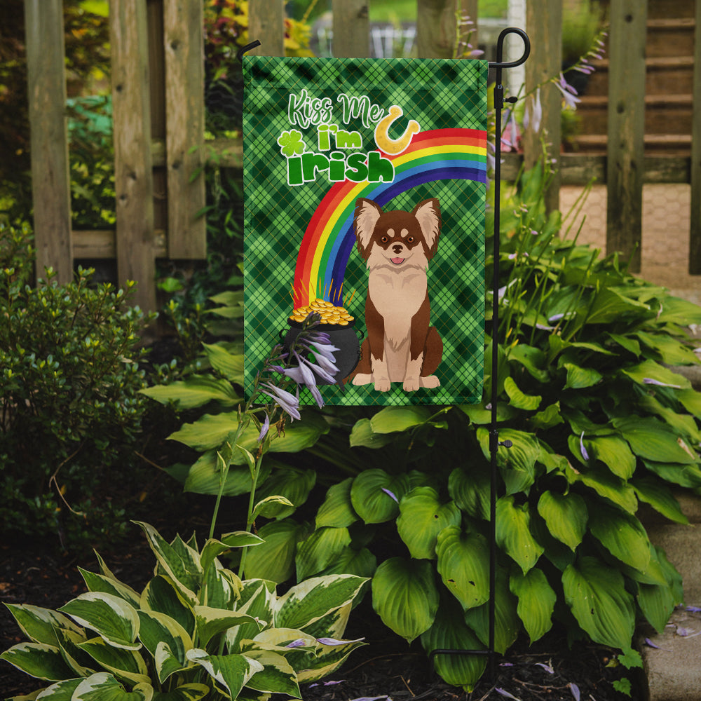 Longhaired Chocolate and White Chihuahua St. Patrick's Day Flag Garden Size  the-store.com.