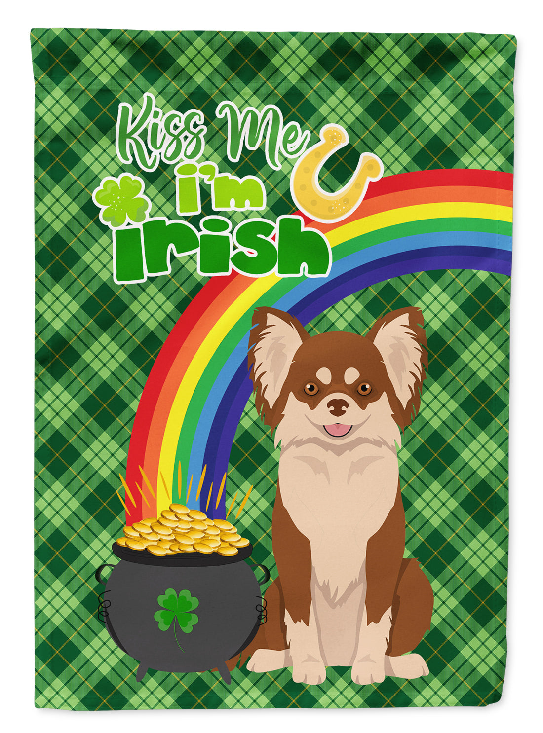 Longhaired Chocolate and White Chihuahua St. Patrick's Day Flag Garden Size