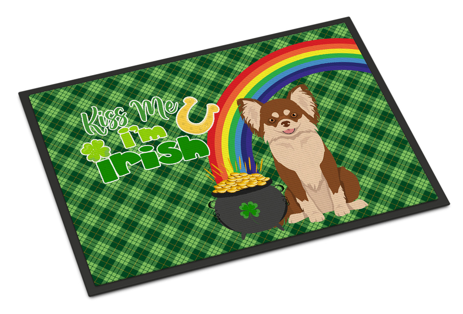 Buy this Longhaired Chocolate and White Chihuahua St. Patrick's Day Indoor or Outdoor Mat 24x36