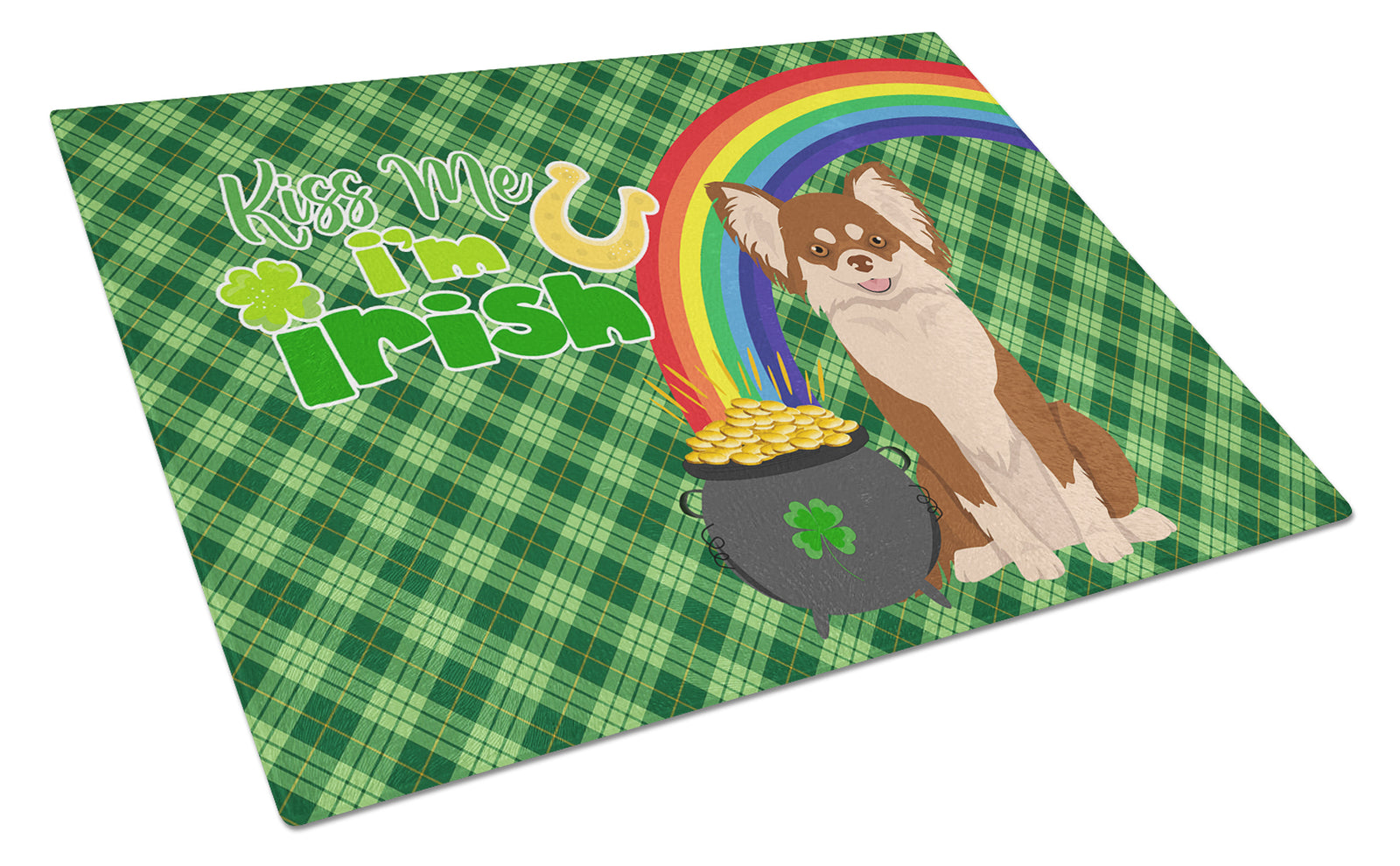 Buy this Longhaired Chocolate and White Chihuahua St. Patrick's Day Glass Cutting Board Large