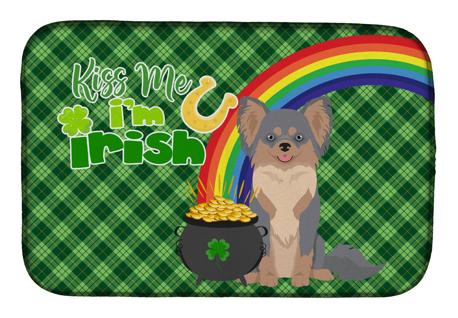 Longhaired Blue and Tan Chihuahua St. Patrick's Day Dish Drying Mat