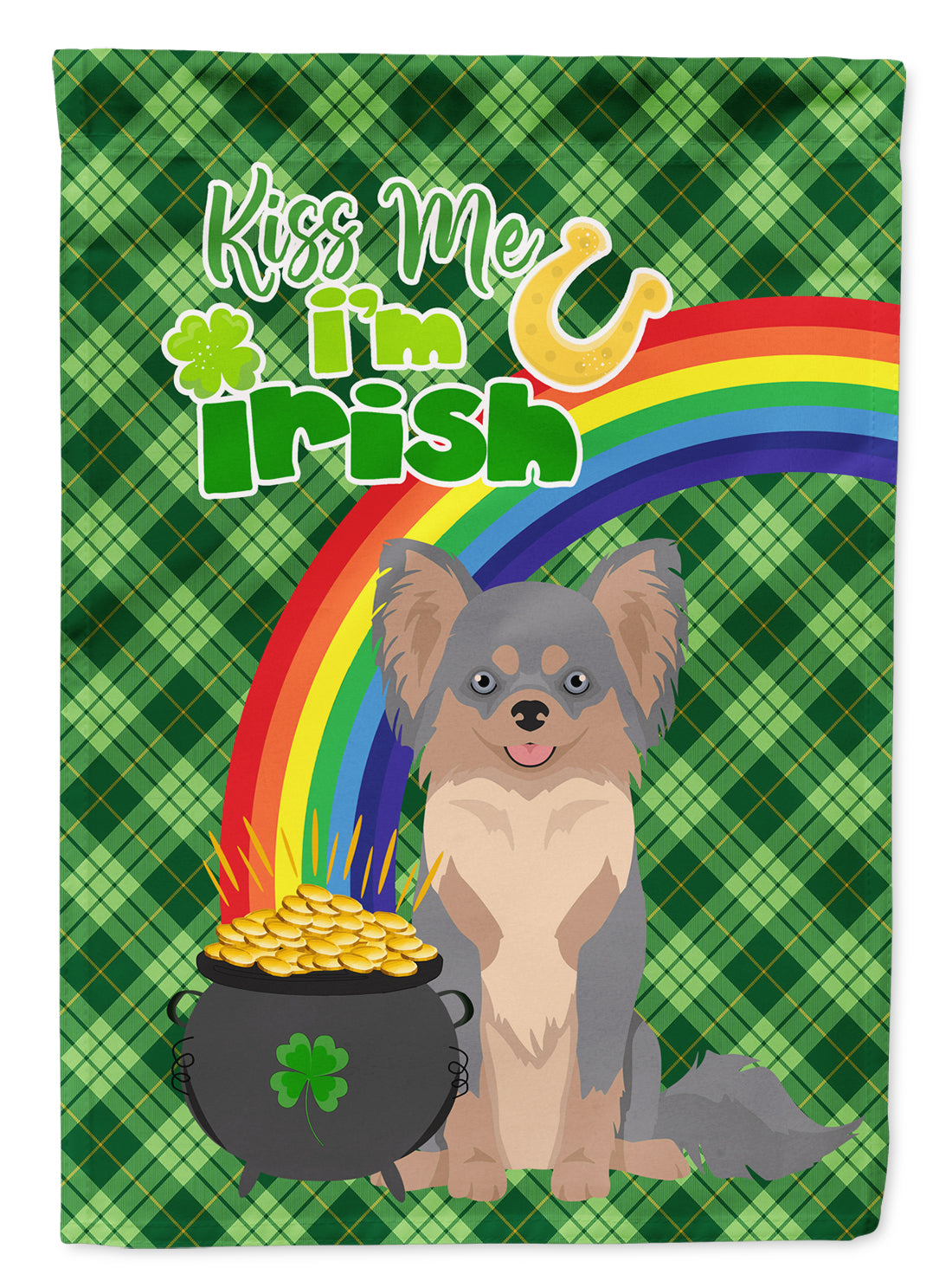 Longhaired Blue and Tan Chihuahua St. Patrick's Day Flag Garden Size  the-store.com.