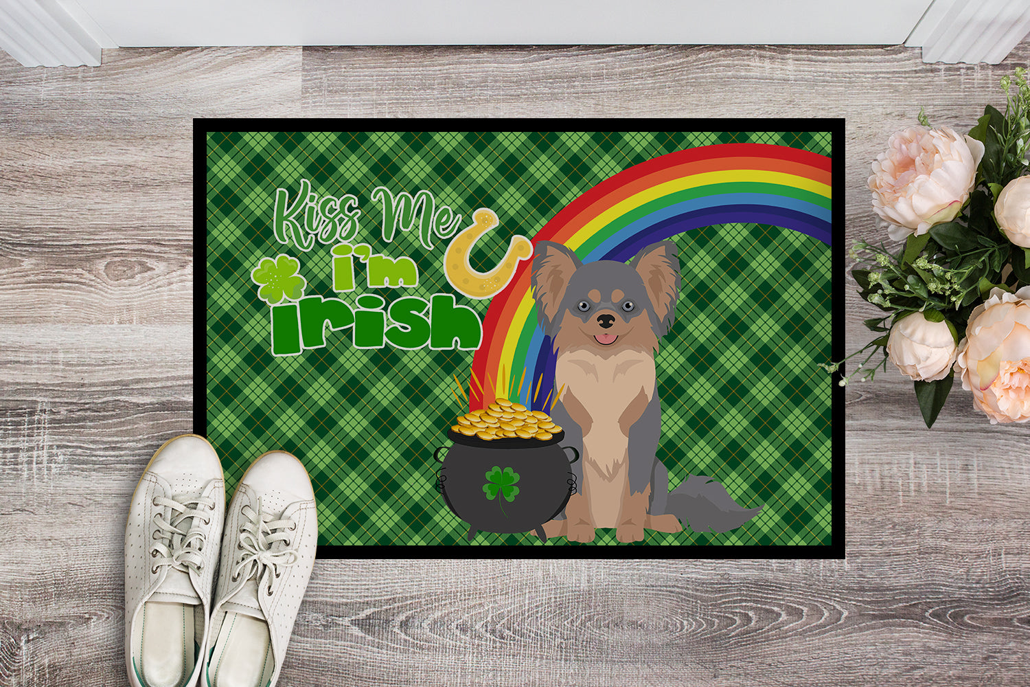 Buy this Longhaired Blue and Tan Chihuahua St. Patrick's Day Indoor or Outdoor Mat 24x36