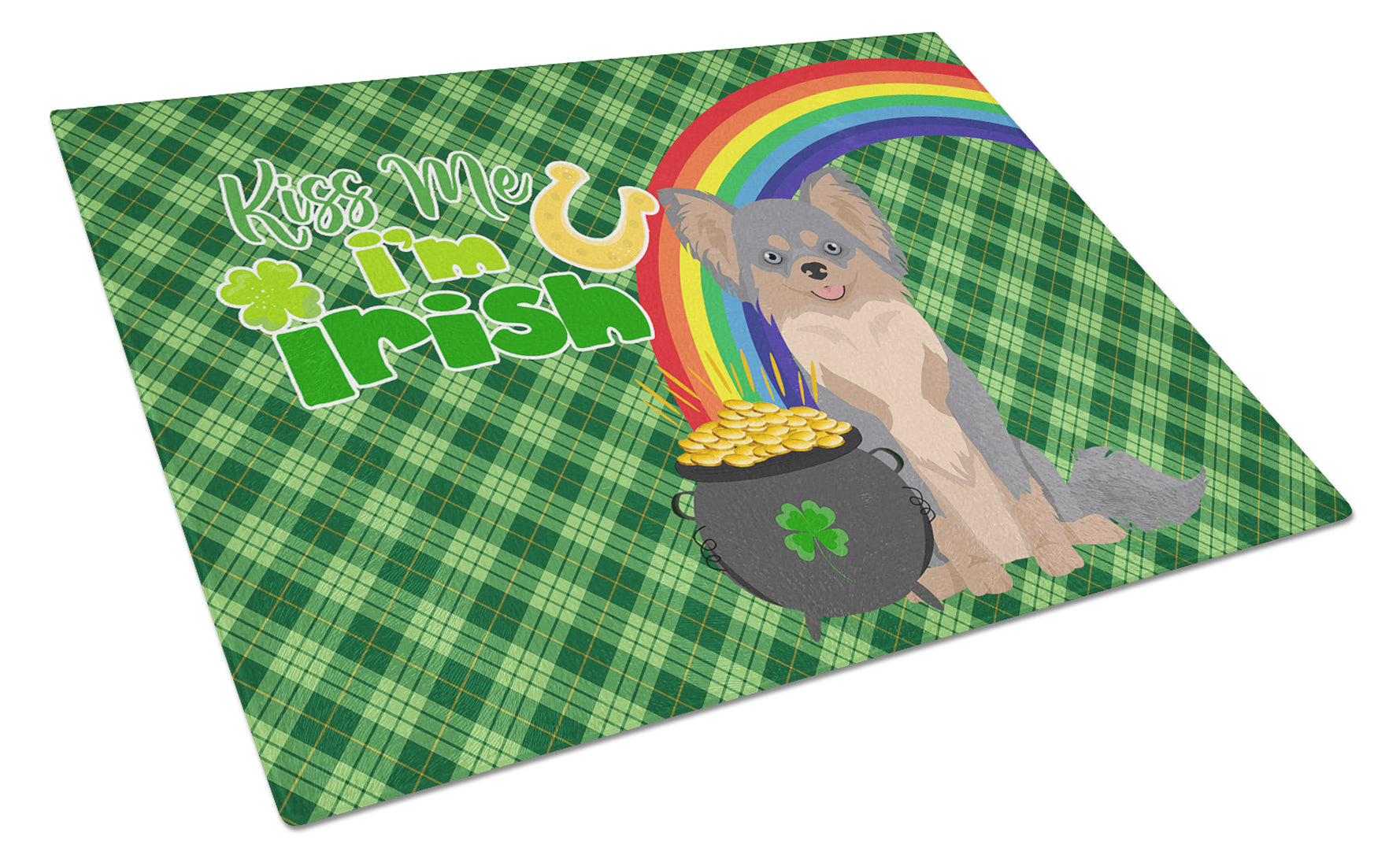 Buy this Longhaired Blue and Tan Chihuahua St. Patrick's Day Glass Cutting Board Large