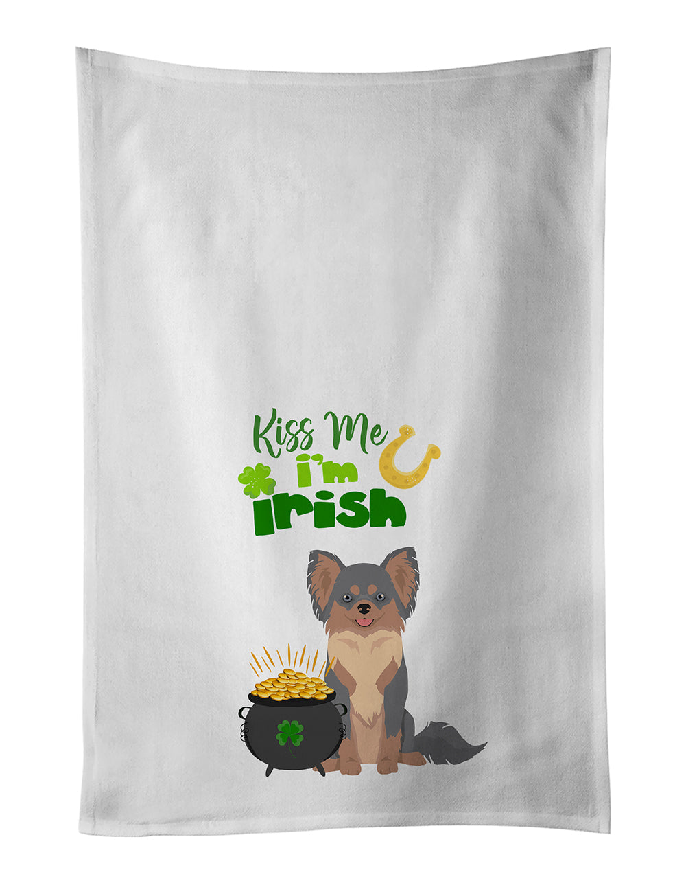 Buy this Longhaired Blue and Tan Chihuahua St. Patrick&#39;s Day White Kitchen Towel Set of 2 Dish Towels