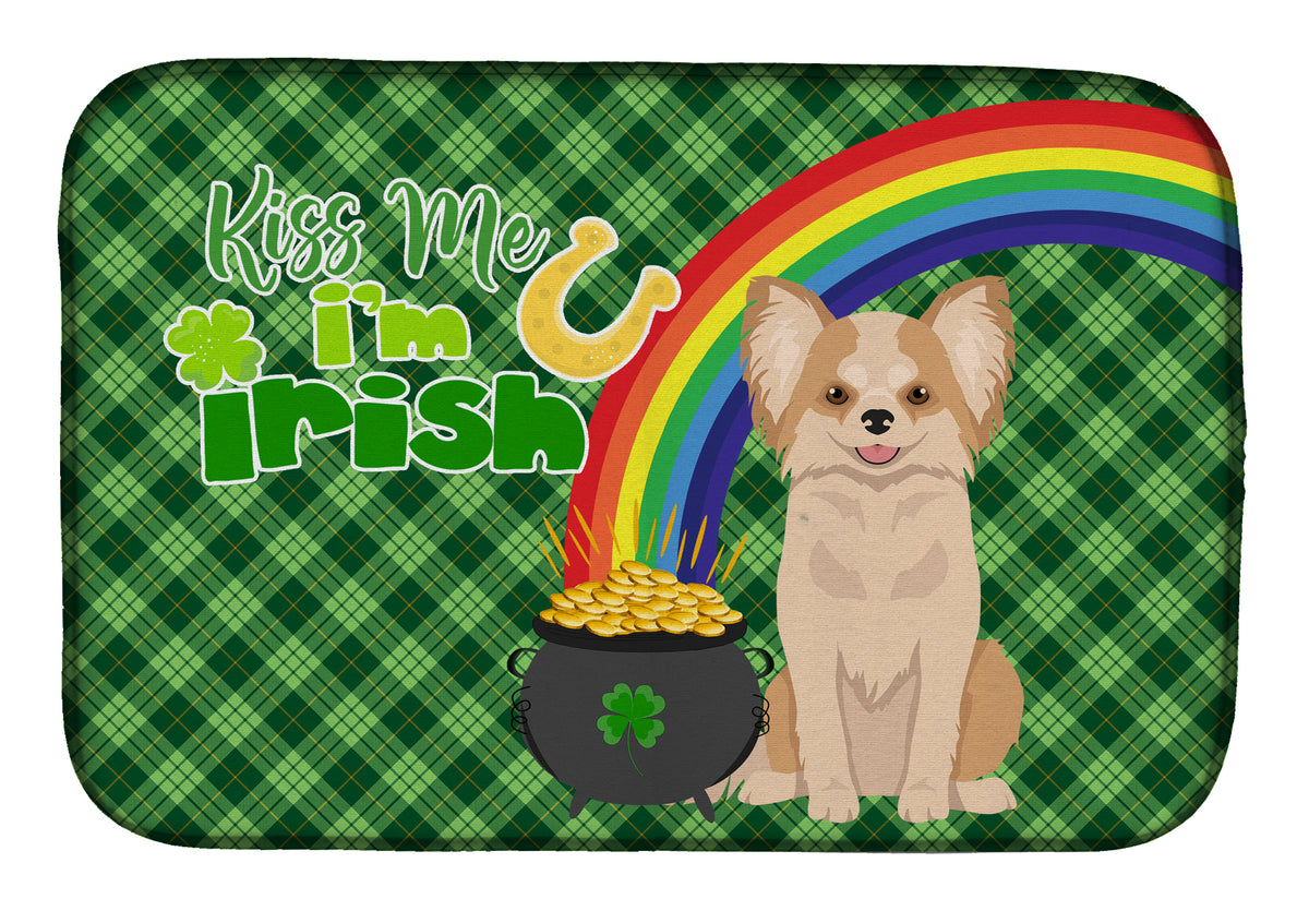 Longhaired Gold and White Chihuahua St. Patrick&#39;s Day Dish Drying Mat