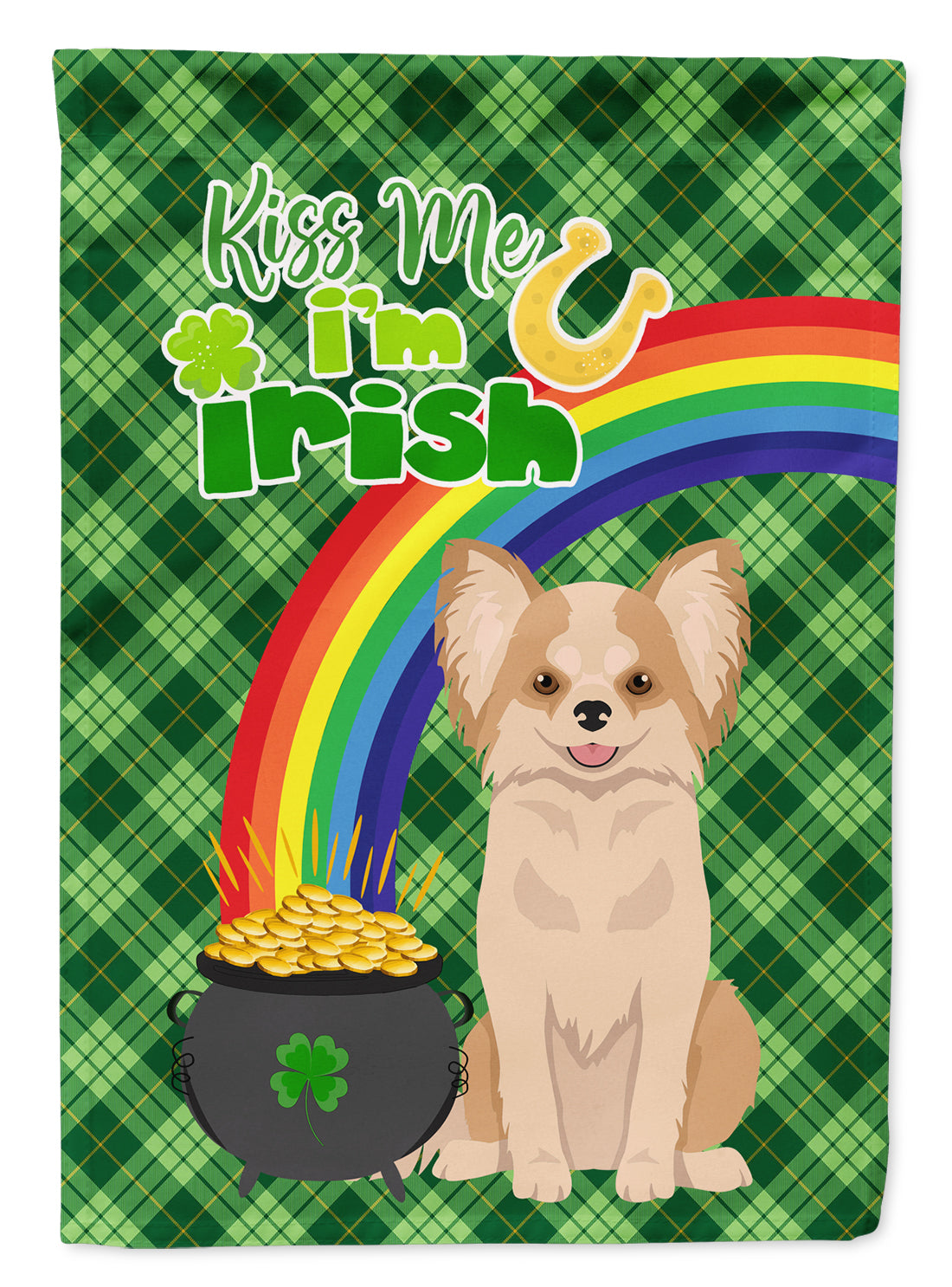 Longhaired Gold and White Chihuahua St. Patrick's Day Flag Garden Size  the-store.com.