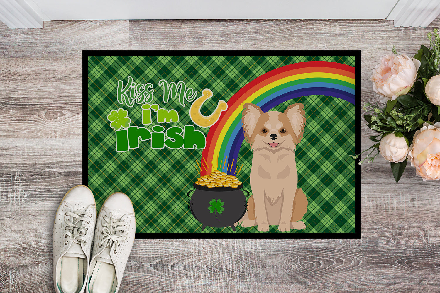 Buy this Longhaired Gold and White Chihuahua St. Patrick's Day Indoor or Outdoor Mat 24x36