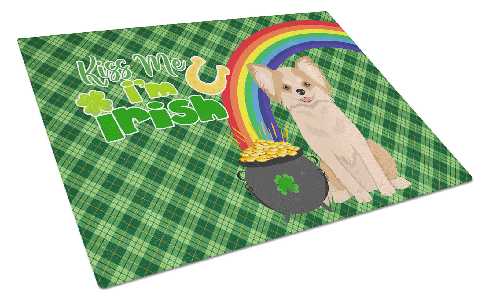 Buy this Longhaired Gold and White Chihuahua St. Patrick's Day Glass Cutting Board Large