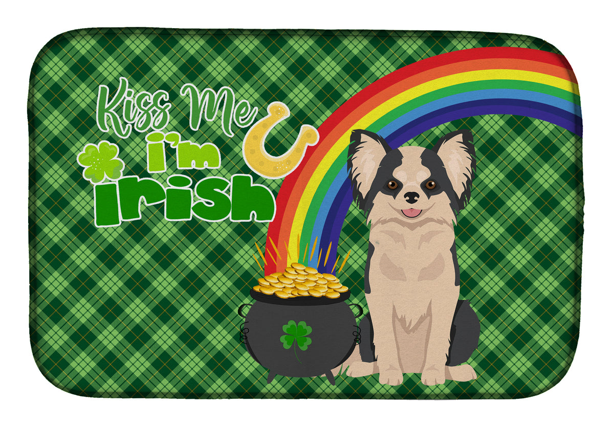 Longhaired Black and White #2 Chihuahua St. Patrick&#39;s Day Dish Drying Mat
