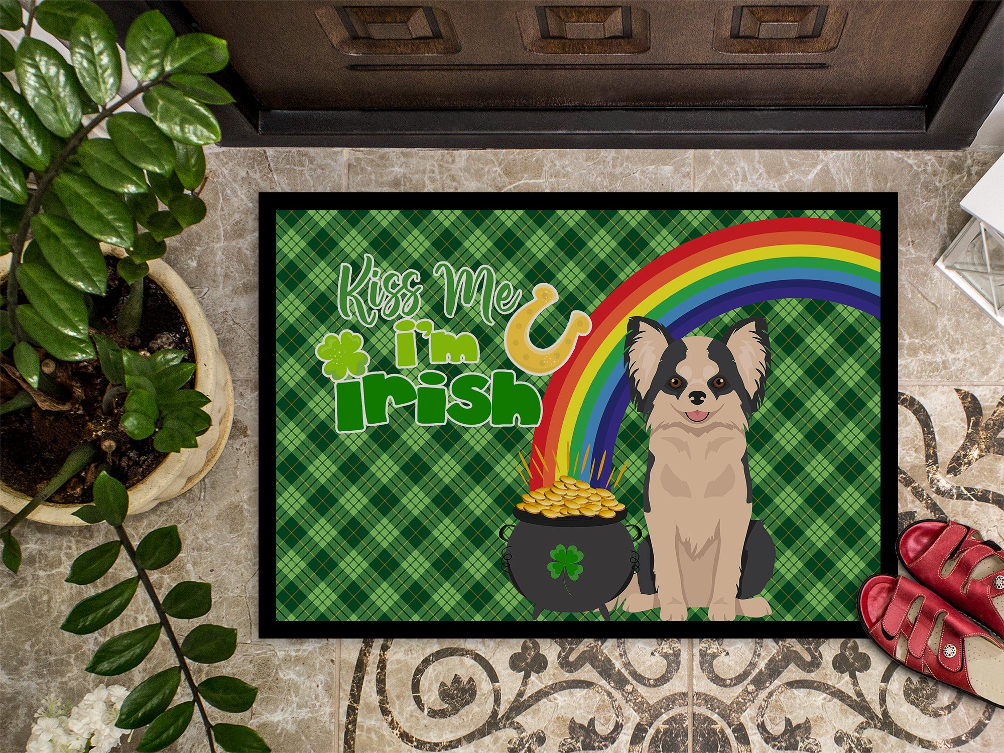 Longhaired Black and White #2 Chihuahua St. Patrick's Day Indoor or Outdoor Mat 24x36 - the-store.com