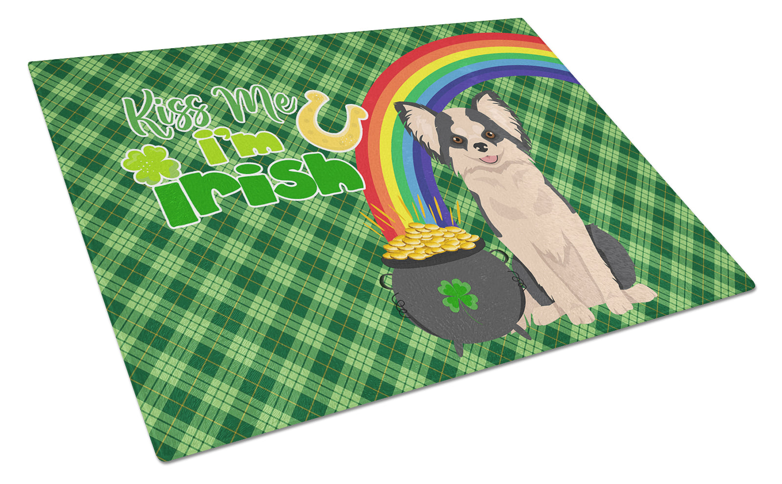 Buy this Longhaired Black and White #2 Chihuahua St. Patrick's Day Glass Cutting Board Large