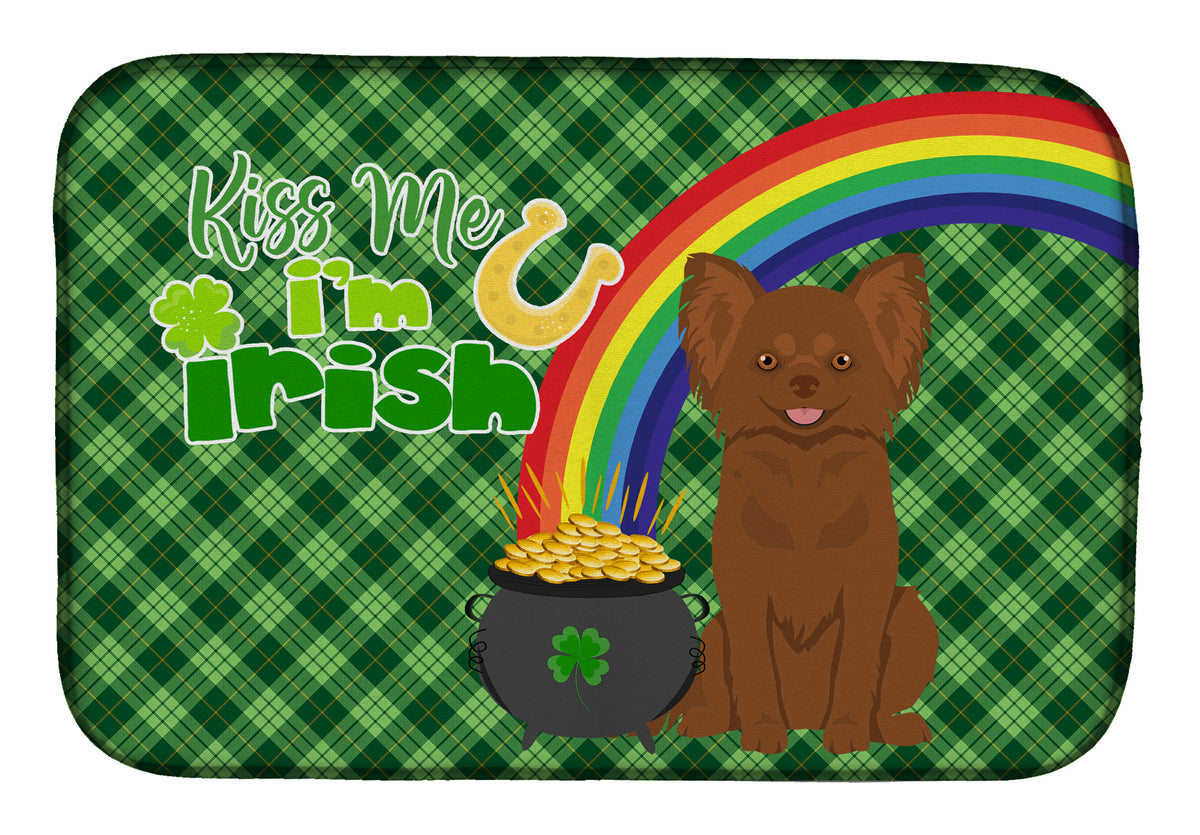 Longhaired Chocolate Chihuahua St. Patrick&#39;s Day Dish Drying Mat