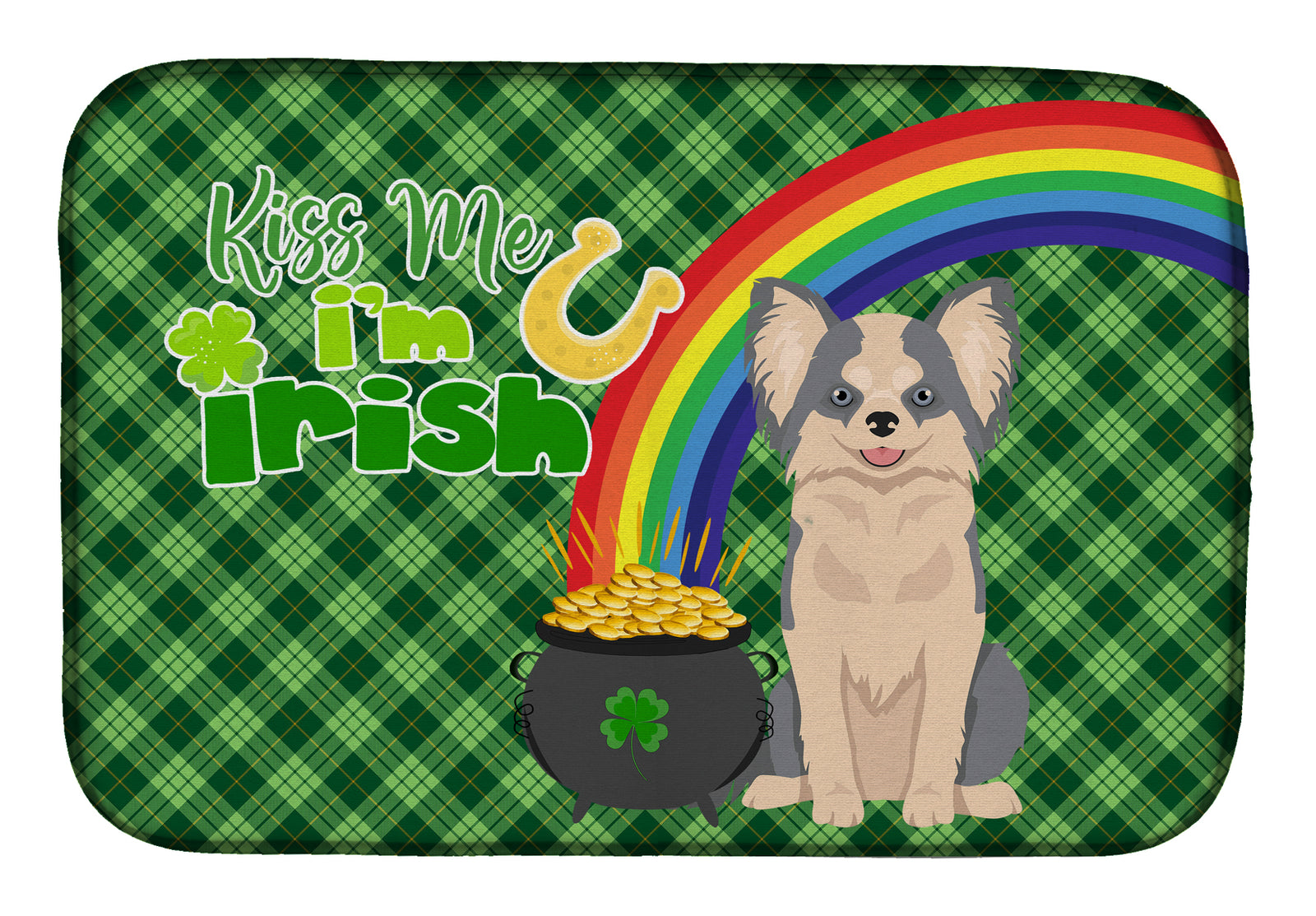 Longhaired Blue and White Chihuahua St. Patrick's Day Dish Drying Mat