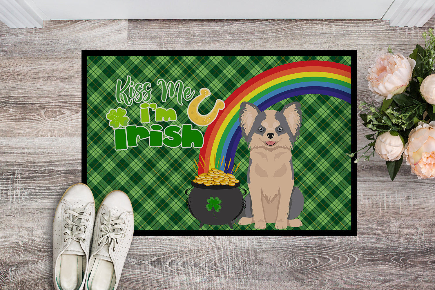 Buy this Longhaired Blue and White Chihuahua St. Patrick's Day Indoor or Outdoor Mat 24x36