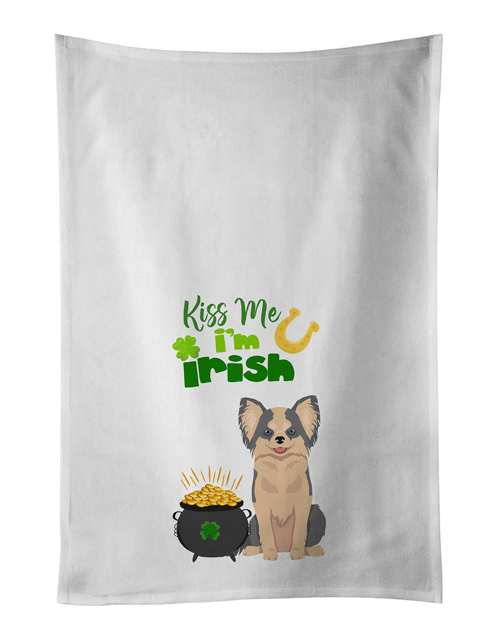 Buy this Longhaired Blue and White Chihuahua St. Patrick&#39;s Day White Kitchen Towel Set of 2 Dish Towels