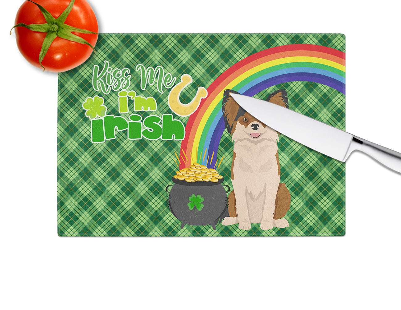 Longhaired Black and Red Chihuahua St. Patrick's Day Glass Cutting Board Large - the-store.com