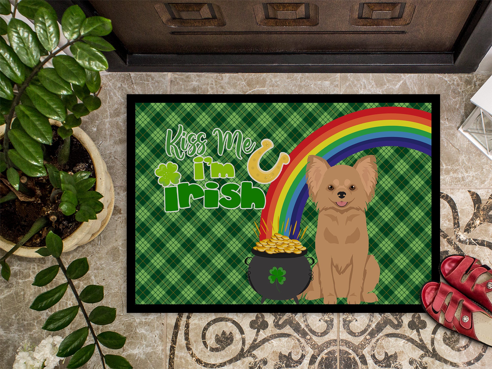 Longhaired Gold Chihuahua St. Patrick's Day Indoor or Outdoor Mat 24x36 - the-store.com