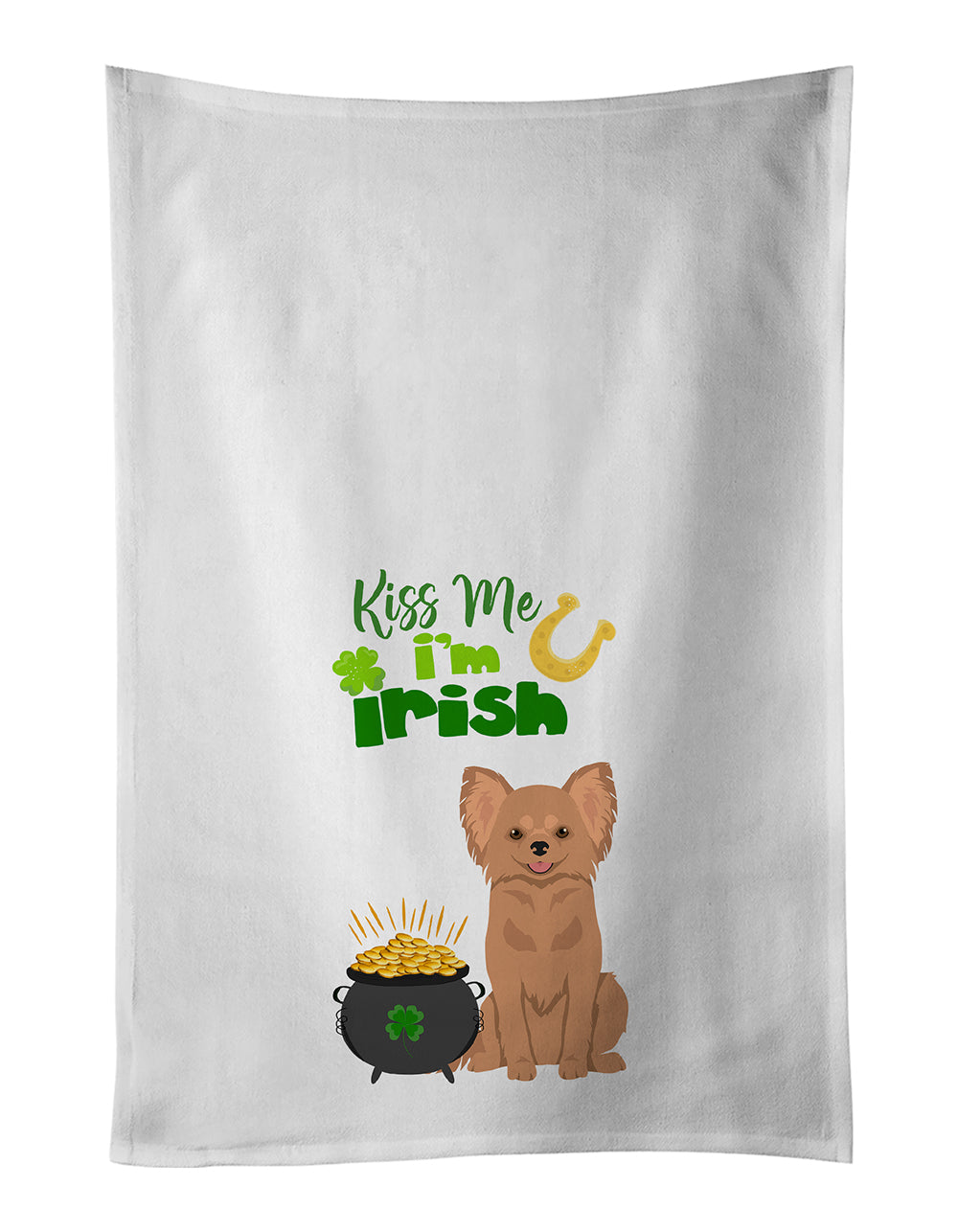 Buy this Longhaired Gold Chihuahua St. Patrick&#39;s Day White Kitchen Towel Set of 2 Dish Towels
