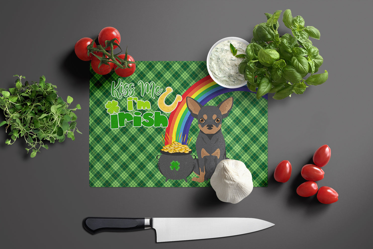 Black and Tan Chihuahua St. Patrick's Day Glass Cutting Board Large - the-store.com