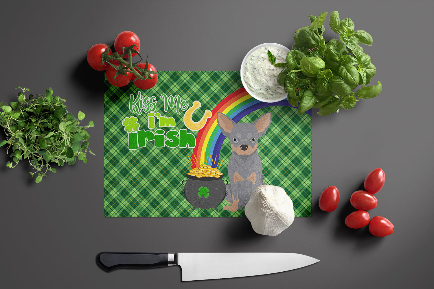 Blue and Tan Chihuahua St. Patrick's Day Glass Cutting Board Large - the-store.com