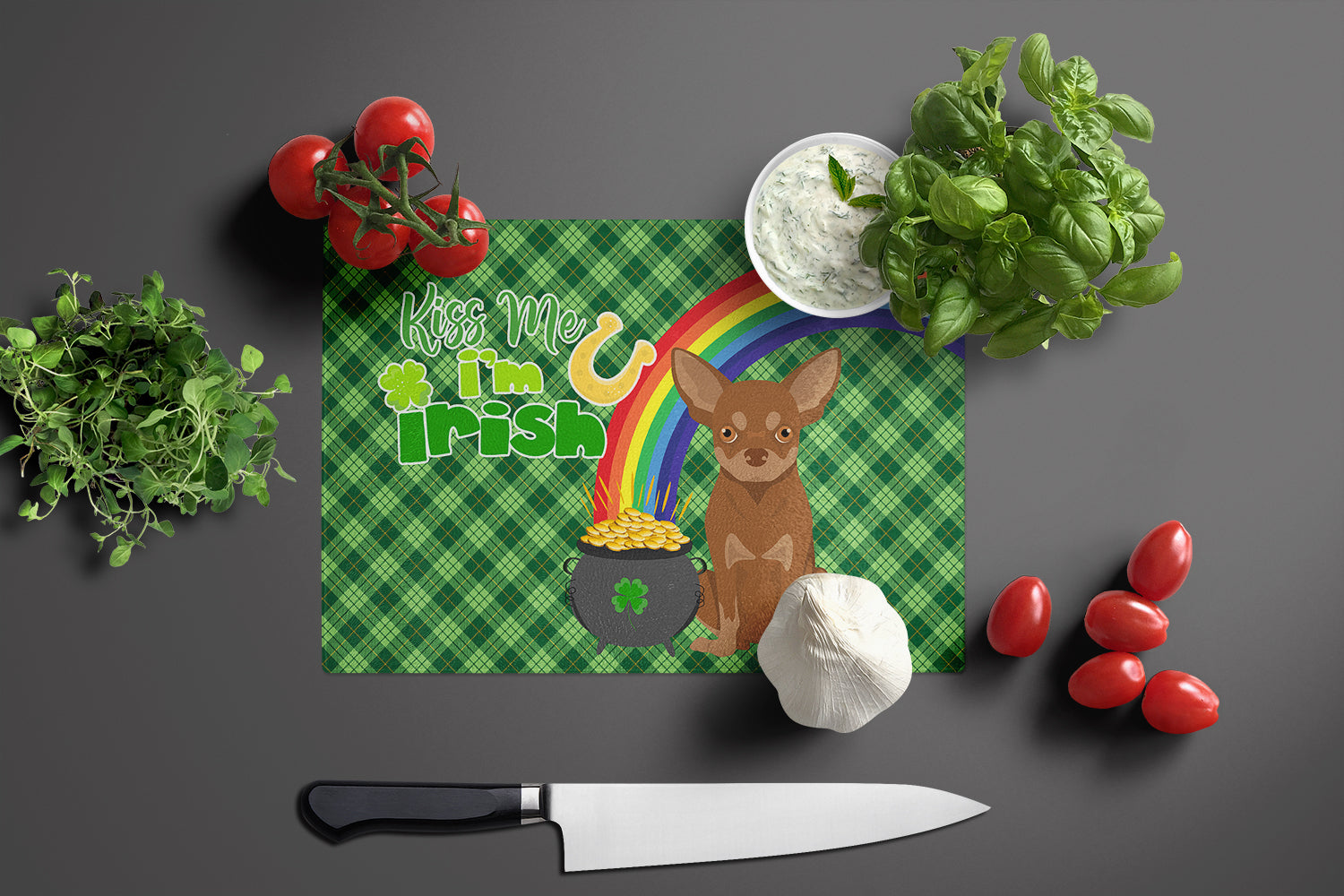 Chocolate and Tan Chihuahua St. Patrick's Day Glass Cutting Board Large - the-store.com