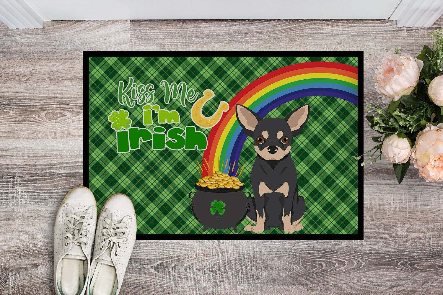 Black and Cream Chihuahua St. Patrick's Day Indoor or Outdoor Mat 24x36 - the-store.com