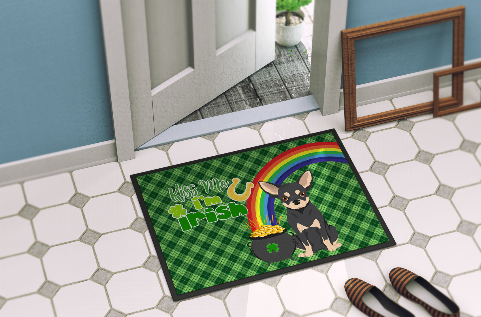 Black and Cream Chihuahua St. Patrick's Day Indoor or Outdoor Mat 24x36 - the-store.com