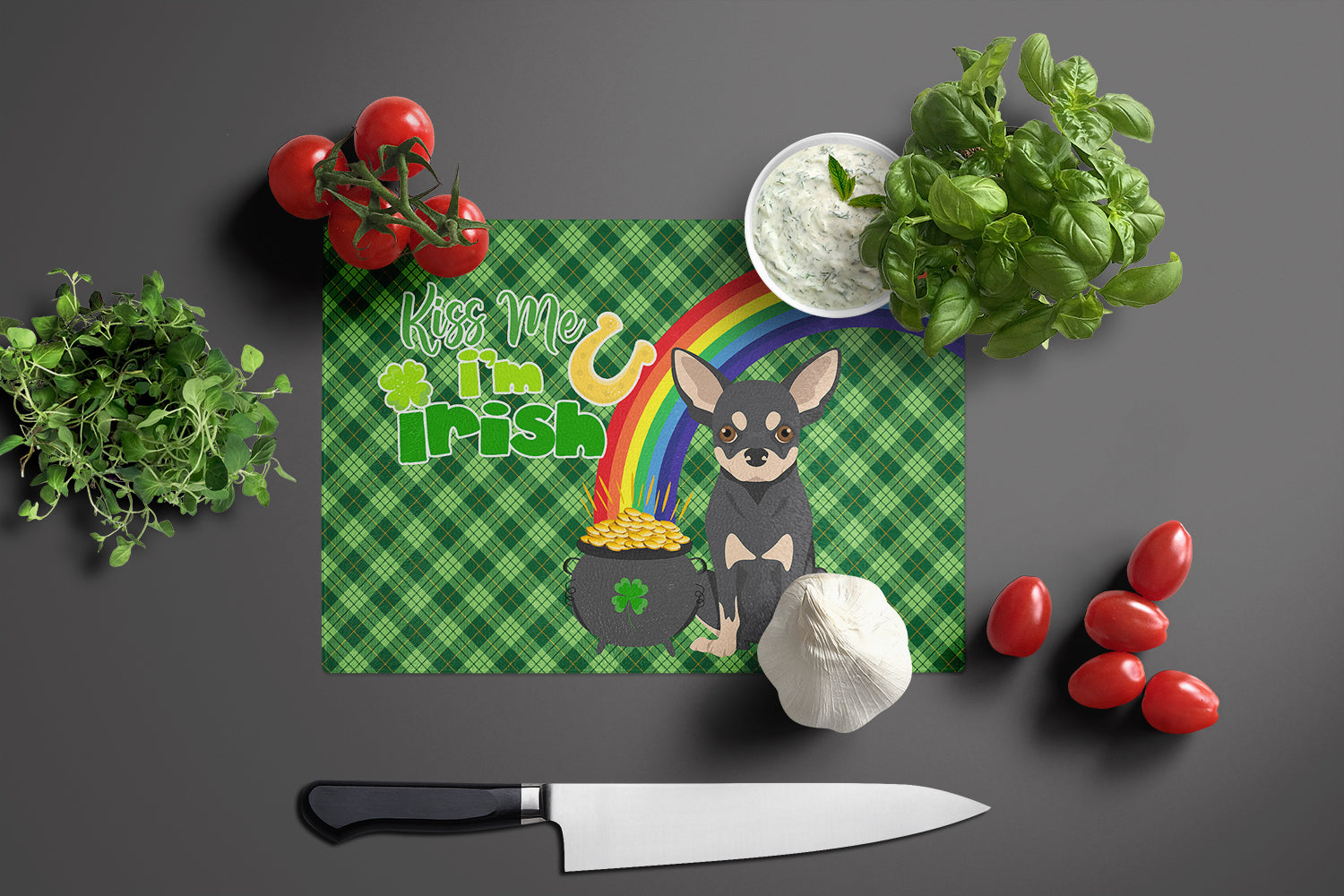 Black and Cream Chihuahua St. Patrick's Day Glass Cutting Board Large - the-store.com