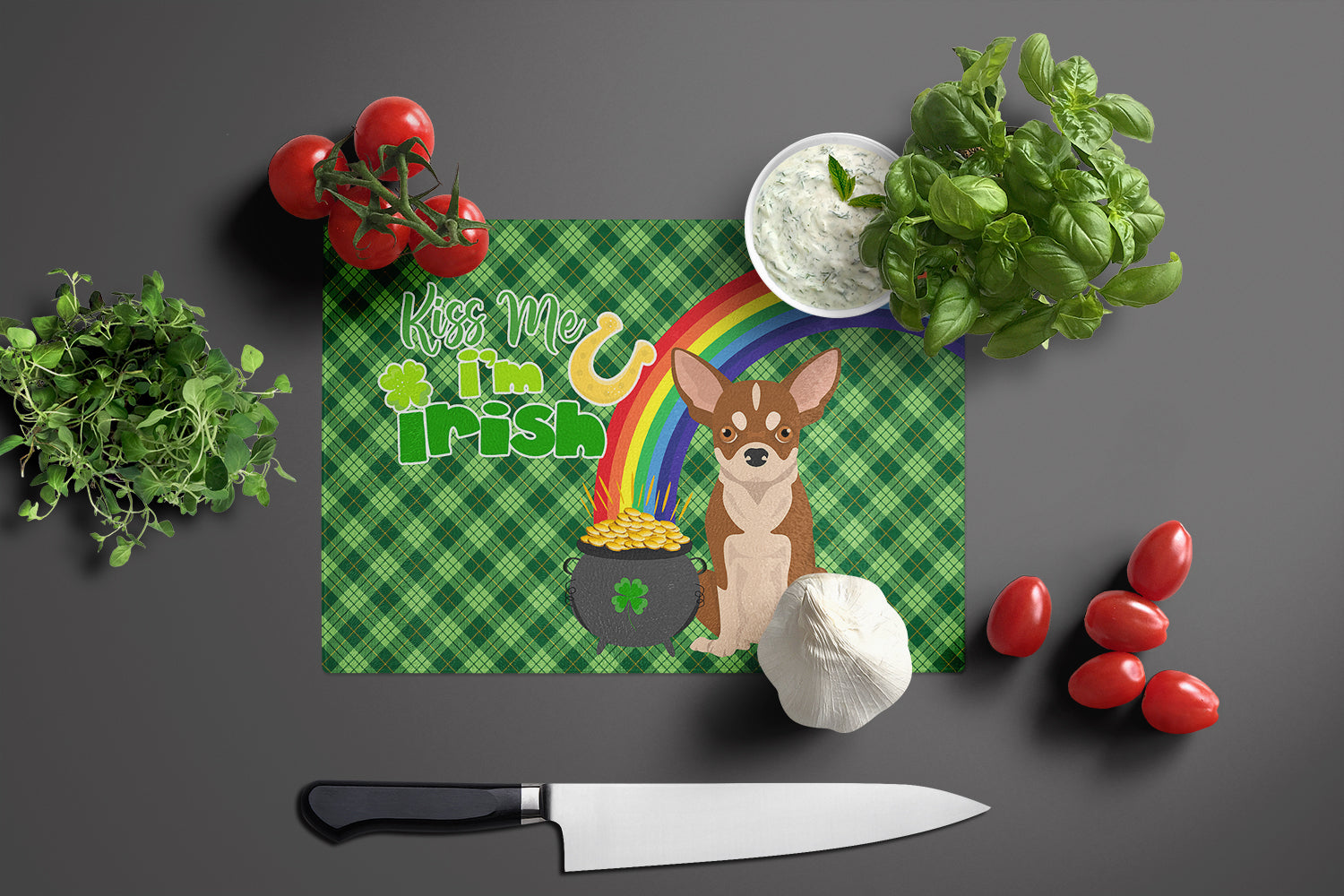 Red and White Chihuahua St. Patrick's Day Glass Cutting Board Large - the-store.com