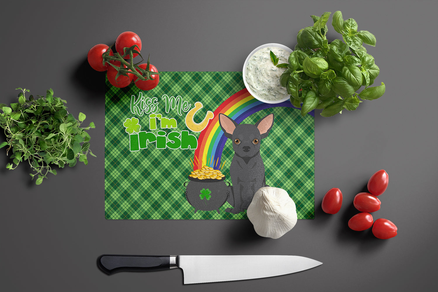 Black Chihuahua St. Patrick's Day Glass Cutting Board Large - the-store.com