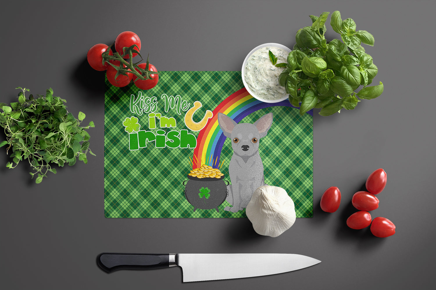 Silver Chihuahua St. Patrick's Day Glass Cutting Board Large - the-store.com